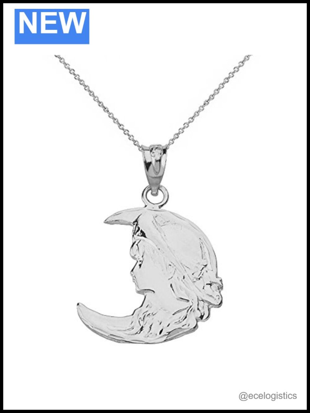 Sterling Silver Art Nouveau Crescent Moon Lady Pendant Necklace 16"